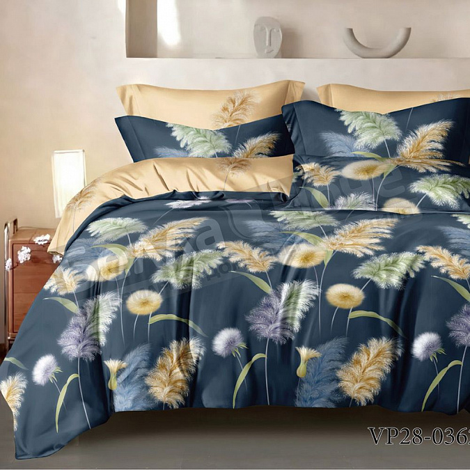 Детальная картинка товара «кпб люксония поплин евро с натяжной простыней 180*200 одуванчик синий »